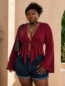 CurvyTilda Plus Size Women's Casual Vacation Style Solid Color Deep V-Neck Bell Sleeve Tie Front Cropped Pleated Top, Spring/Autumn Fall - Burgundy - View 1