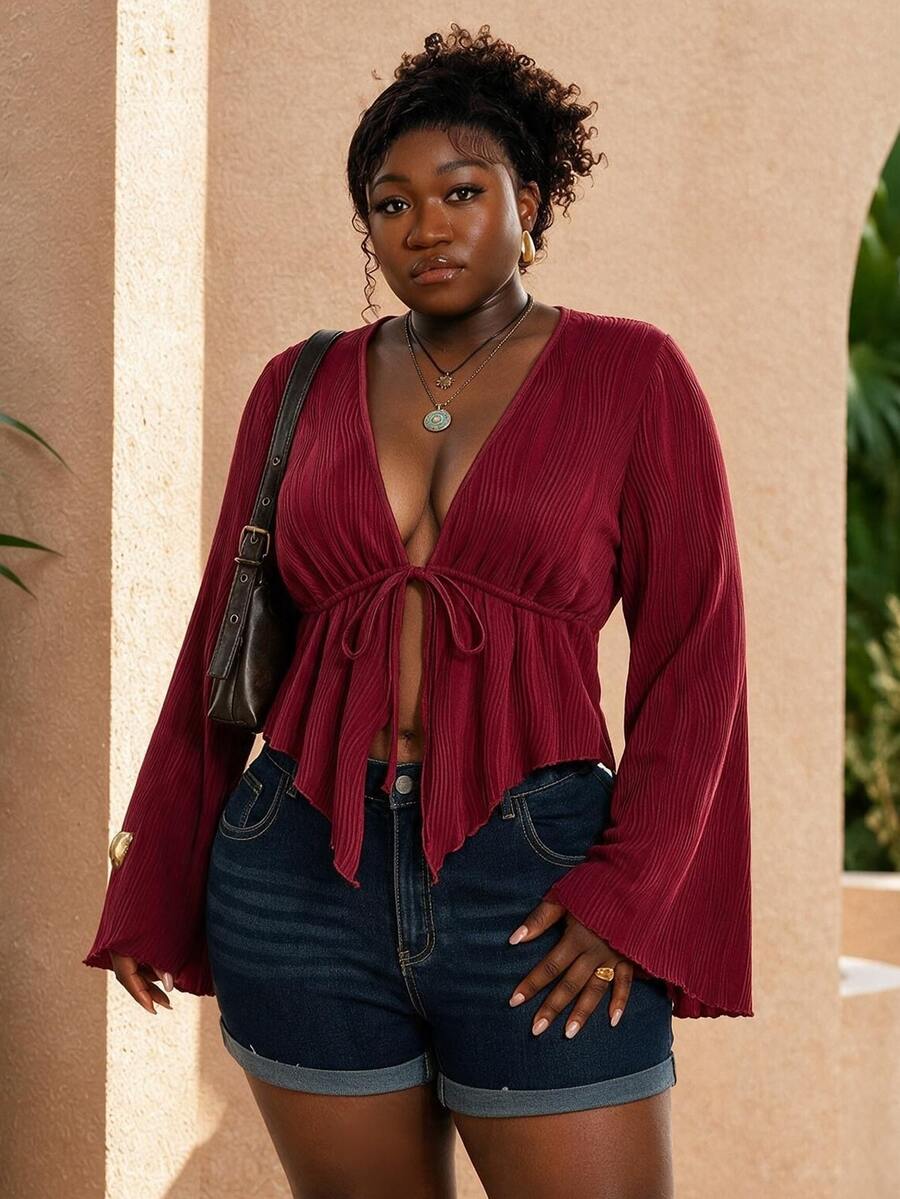 CurvyTilda Plus Size Women's Casual Vacation Style Solid Color Deep V-Neck Bell Sleeve Tie Front Cropped Pleated Top, Spring/Autumn Fall - Burgundy - View 1