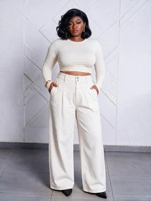 CurvyTilda Plus Size Women's High Waist Double Button White Wide Leg Jeans,Elegant Smart Casual Summer Business & Everyday Outfits Solid Color Pocket Loose Fall - White - View 4