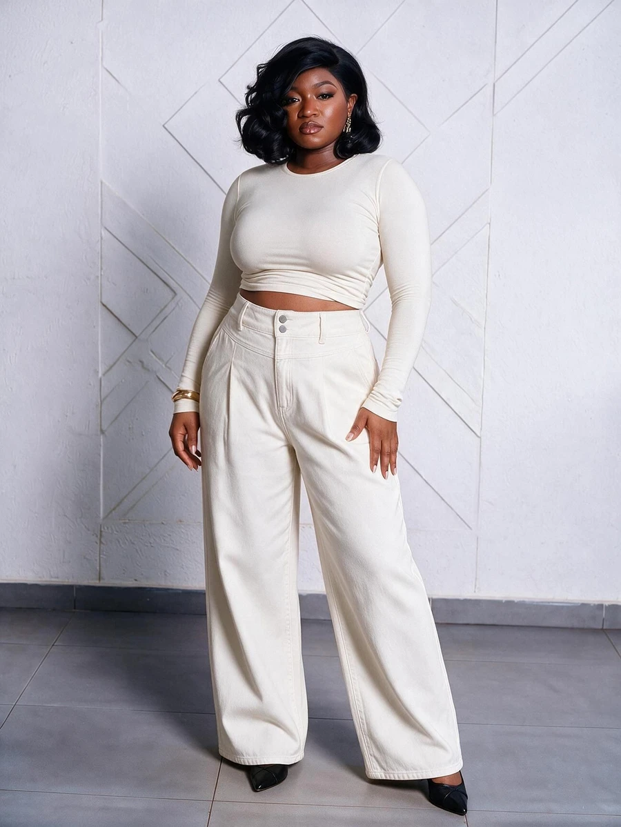 CurvyTilda Plus Size Women's High Waist Double Button White Wide Leg Jeans,Elegant Smart Casual Summer Business & Everyday Outfits Solid Color Pocket Loose Fall - White - View 1