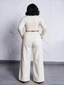CurvyTilda Plus Size Women's High Waist Double Button White Wide Leg Jeans,Elegant Smart Casual Summer Business & Everyday Outfits Solid Color Pocket Loose Fall - White - View 2