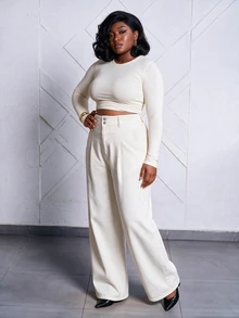 CurvyTilda Plus Size Women's High Waist Double Button White Wide Leg Jeans,Elegant Smart Casual Summer Business & Everyday Outfits Solid Color Pocket Loose Fall - White - View 3