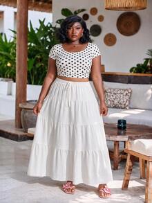 CurvyTilda White Summer Basic Boho Vacation Holiday Casual Plus Size Skirt,Chic Tiered Maxi Skirt For Daily Commute,Date,Party,Wedding,Beach Fashion,Y2k Style - White - View 3