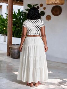 CurvyTilda White Summer Basic Boho Vacation Holiday Casual Plus Size Skirt,Chic Tiered Maxi Skirt For Daily Commute,Date,Party,Wedding,Beach Fashion,Y2k Style - White - View 2
