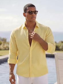 Mainfolk Men Casual Yellow Long Sleeve Button Down Shirt For Summer Beach Style Lightweight Yellow Collared Button Up Shirt Perfect For Vacations - Light Yellow - View 4