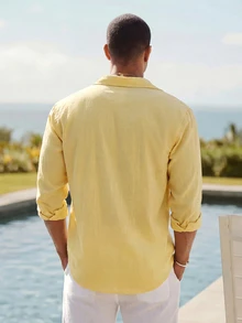 Mainfolk Men Casual Yellow Long Sleeve Button Down Shirt For Summer Beach Style Lightweight Yellow Collared Button Up Shirt Perfect For Vacations - Light Yellow - View 5