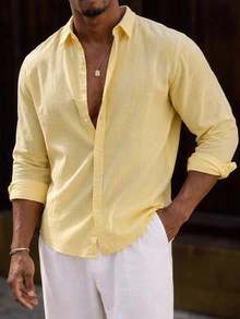 Mainfolk Men Casual Yellow Long Sleeve Button Down Shirt For Summer Beach Style Lightweight Yellow Collared Button Up Shirt Perfect For Vacations - Light Yellow - View 3