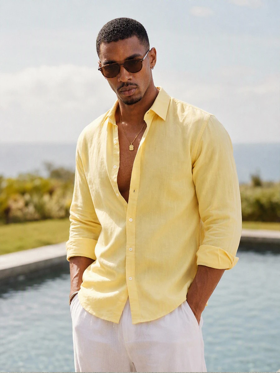 Mainfolk Men Casual Yellow Long Sleeve Button Down Shirt For Summer Beach Style Lightweight Yellow Collared Button Up Shirt Perfect For Vacations