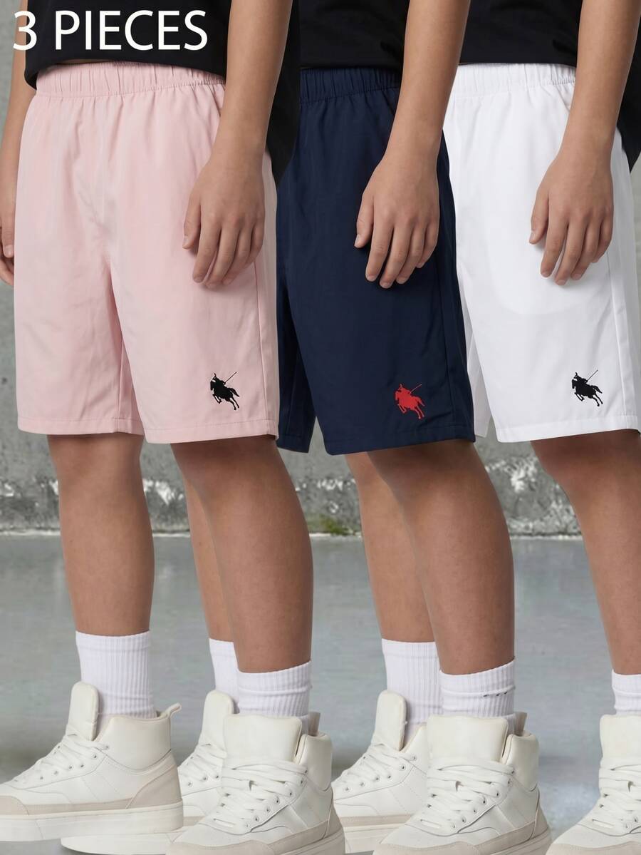 SHEIN 3件組兒童青少年男童寬鬆休閒梭織網格色休閒簡約基本百搭素色運動工裝短褲多色多件套,買一送二,共三件,適合春夏季,學校、校園、大學 - 彩色 - 查看 1