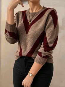 GlowEve CURVE 秋季大尺碼女款毛衣休閒復古1920年代90年代基本針織上衣幾何條紋感恩節酒紅色辦公旅行正式派對 - 彩色 - 查看 2