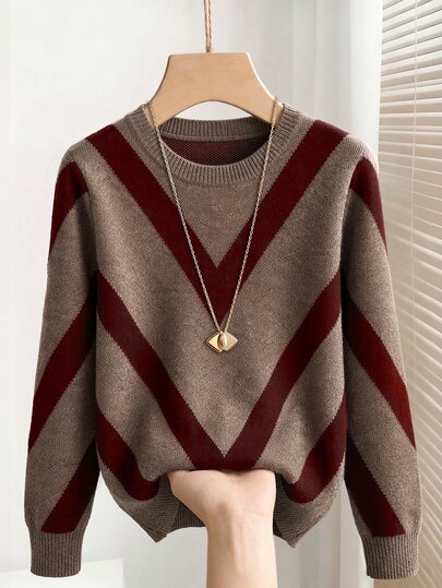 GlowEve CURVE Autumn Winter Plus Size Women Sweater, Casual 1920 Vintage 90s Basic Knit Top Geometric Stripes, Thanksgiving Burgundy Office Formal Home Wear Party