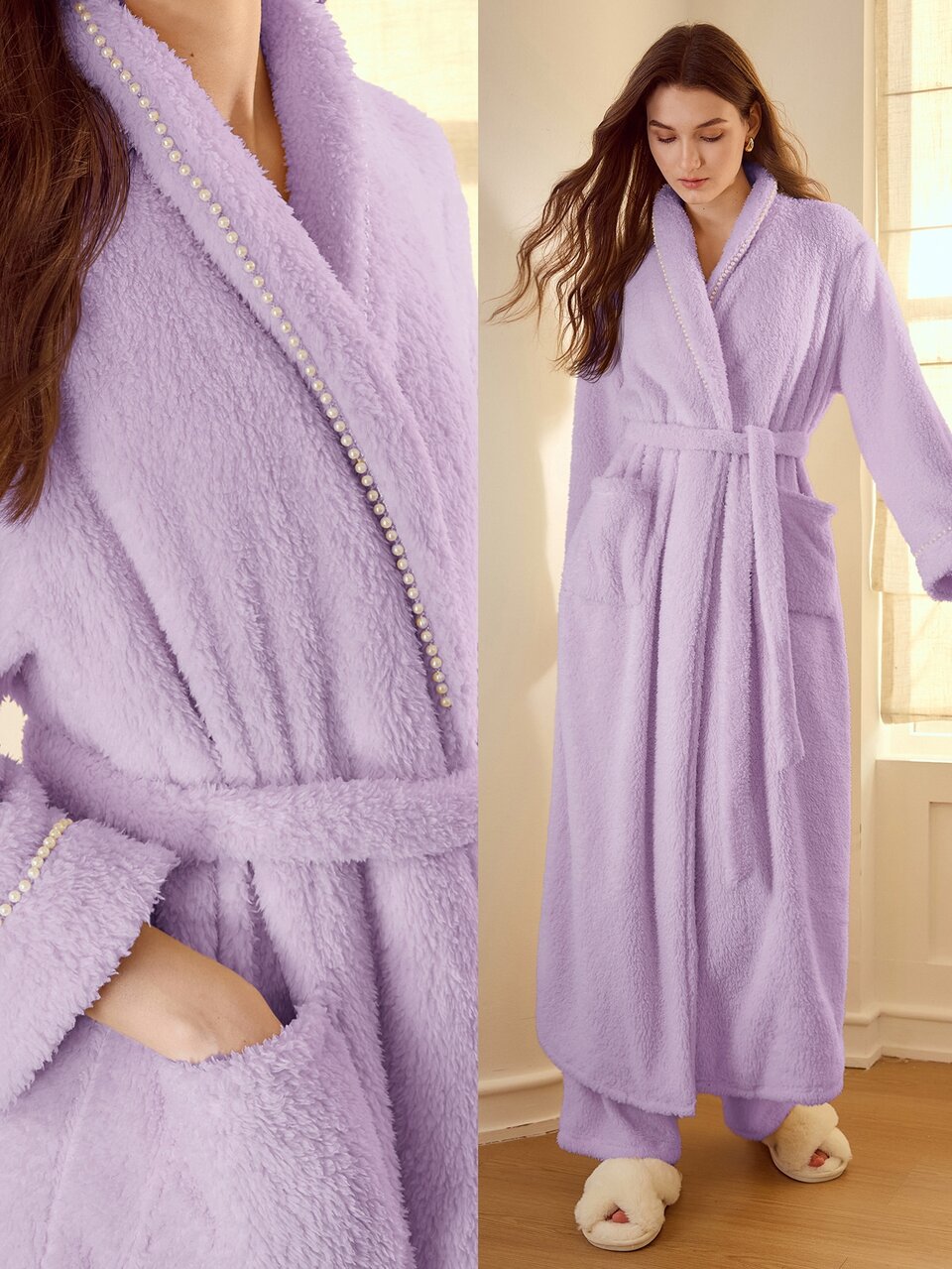 MOTF SOLID FUZZY SHAWL COLLAR BELTED ROBE