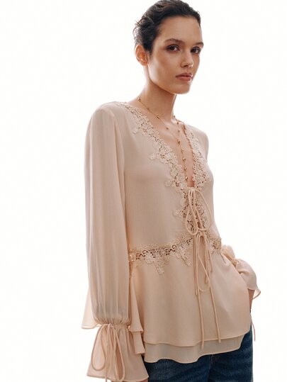 MOTF PREMIUM Top URBAN CHIC de encaje patchwork con escote en V profundo y lazo delantero, vuelta al cole