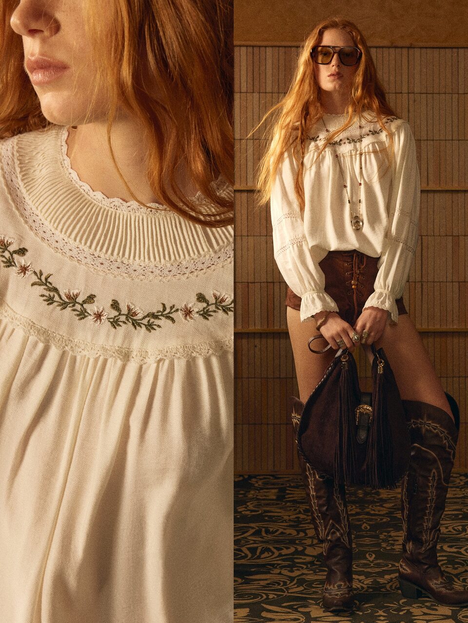 MOTF STUDIO EMBROIDERY FLORAL FLARE SLEEVE LACE INSERT BLOUSE