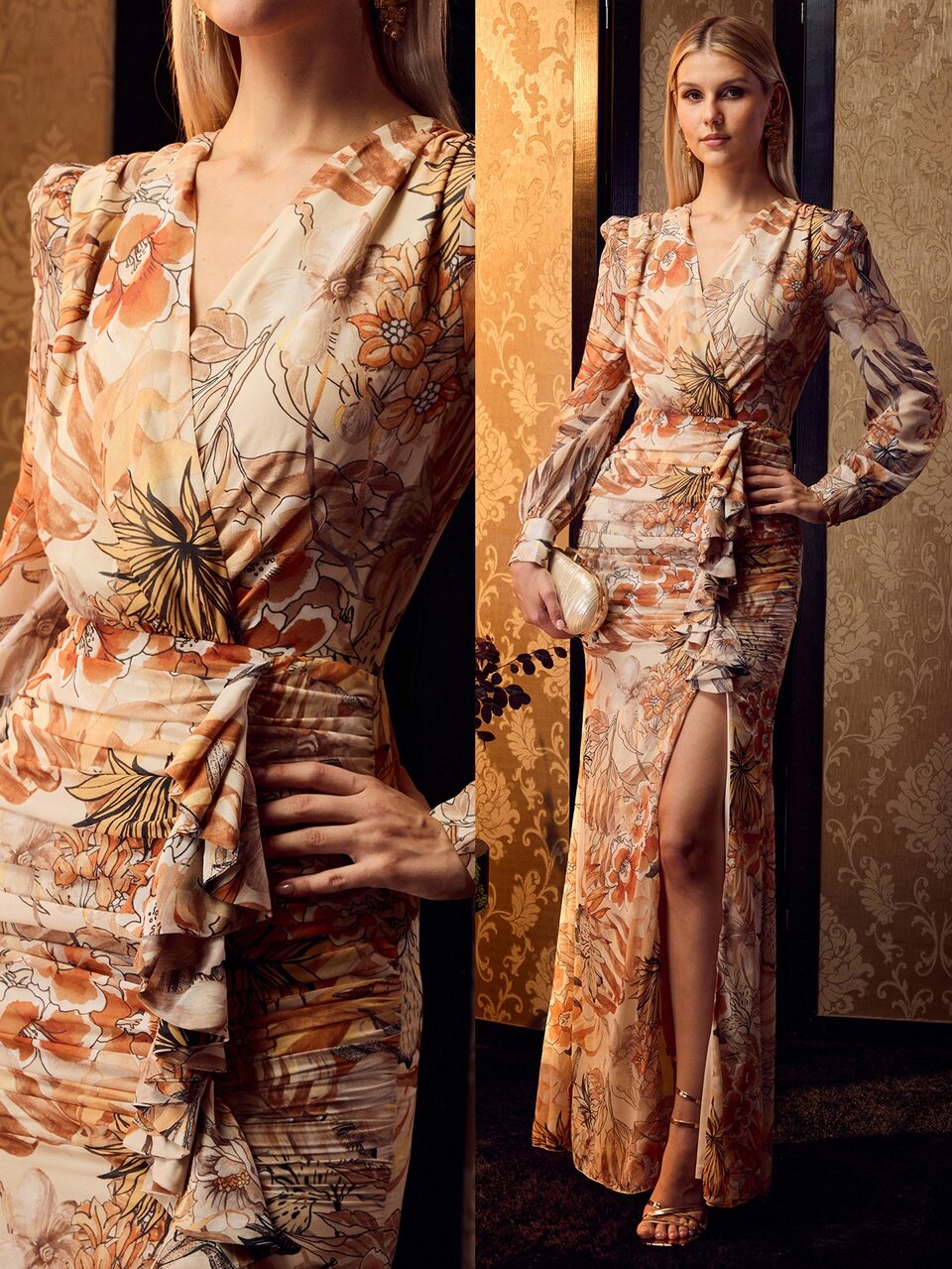 MOTF Soiréza SURPLICE NECK FLOOR-LENGTH PARTY GOWN WITH LANTERN SLEEVES , RUFFLED TRIM SPLIT THIGH HEM & RANDOM FLORAL PATTERNS – FORM-FITTING CHIFFON DRESS FOR SPRING/SUMMER WEDDINGS & FORMAL EVENTS