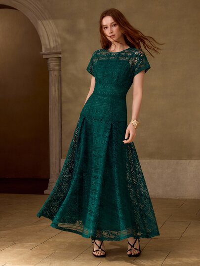 MOTF PREMIUM SPRING/SUMMER ELEGANT VINTAGE EVENING PARTY LIGHTWEIGHT LUXURY HIGH-END WATER-SOLUBLE LACE PATCHWORK CINCHED WAIST FLARED HEM DARK GREEN SHORT SLEEVE WOMEN'S LONG DRESS