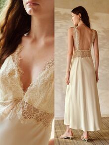 MOTF PREMIUM ELEGANT LACE PATCHWORK LONG SATIN NIGHTGOWN, SPRING/SUMMER - Apricot - View 8