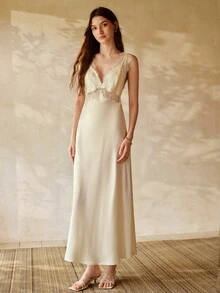 MOTF PREMIUM ELEGANT LACE PATCHWORK LONG SATIN NIGHTGOWN, SPRING/SUMMER - Apricot - View 3