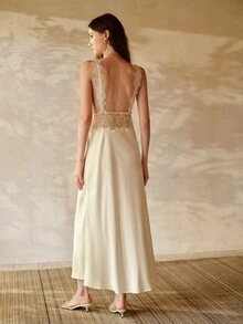 MOTF PREMIUM ELEGANT LACE PATCHWORK LONG SATIN NIGHTGOWN, SPRING/SUMMER - Apricot - View 1
