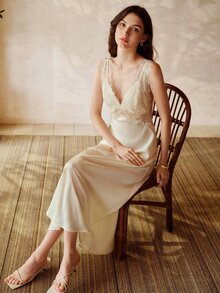 MOTF PREMIUM ELEGANT LACE PATCHWORK LONG SATIN NIGHTGOWN, SPRING/SUMMER - Apricot - View 7
