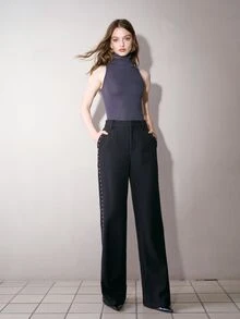 MOTF PREMIUM WOMEN'S METAL STUD DESIGN STRAIGHT LEG PANTS, AUTUMN/WINTER - Black - View 6