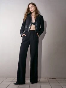 MOTF PREMIUM WOMEN'S METAL STUD DESIGN STRAIGHT LEG PANTS, AUTUMN/WINTER - Black - View 5