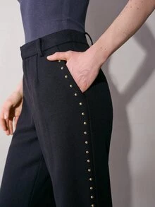 MOTF PREMIUM WOMEN'S METAL STUD DESIGN STRAIGHT LEG PANTS, AUTUMN/WINTER - Black - View 2