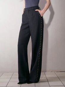 MOTF PREMIUM WOMEN'S METAL STUD DESIGN STRAIGHT LEG PANTS, AUTUMN/WINTER - Black - View 1