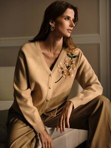 MOTF PREMIUM FLORAL EMBROIDERY BUTTON UP CARDIGAN - Apricot - View 7