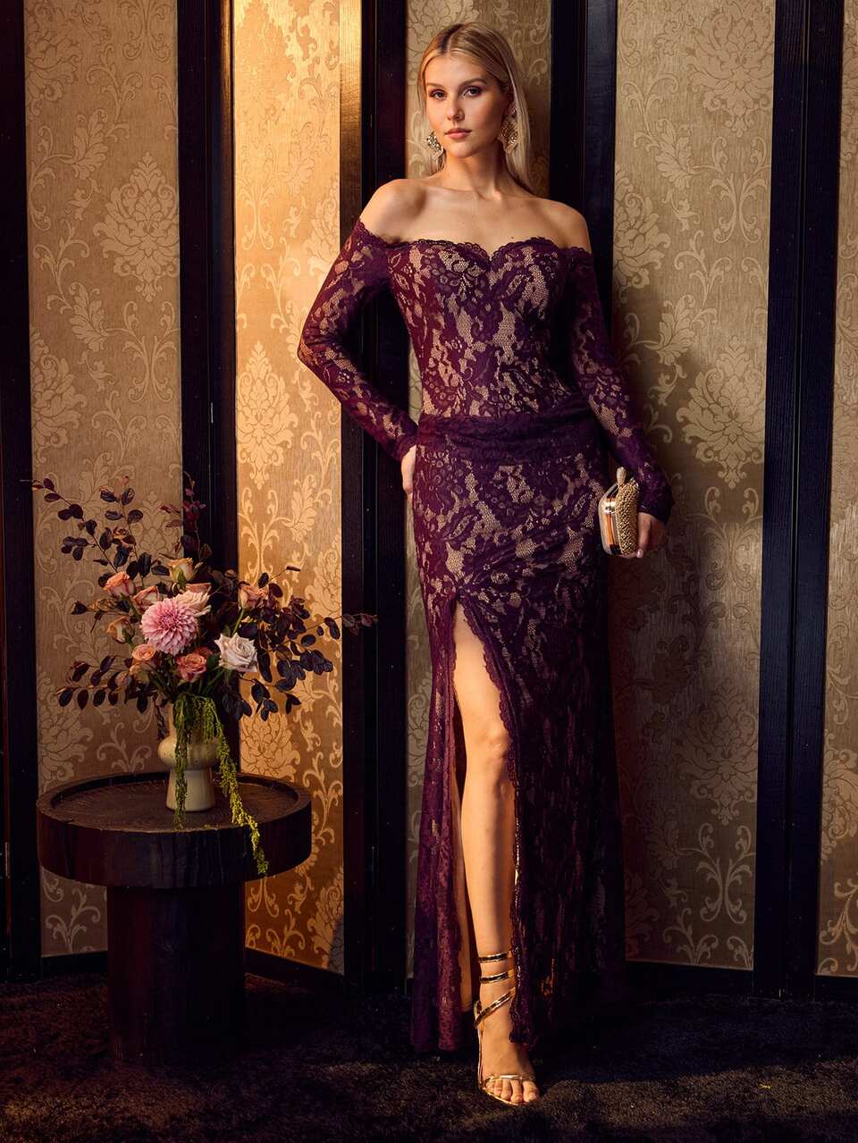 MOTF Soiréza ELEGANT SEXY WOMEN'S COLD SHOULDER LONG SLEEVES LACE MERMAID GOWN WITH HIGH SLIT FOR FORMAL EVENING PARTY BRIDAL GALA DINNER WEDDING BEIGE WINTER