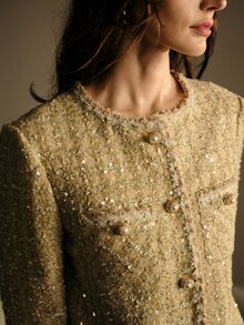 MOTF PREMIUM WOMEN TWEED SEQUINS BUTTON PLACKET BLAZER - Light Yellow - View 3