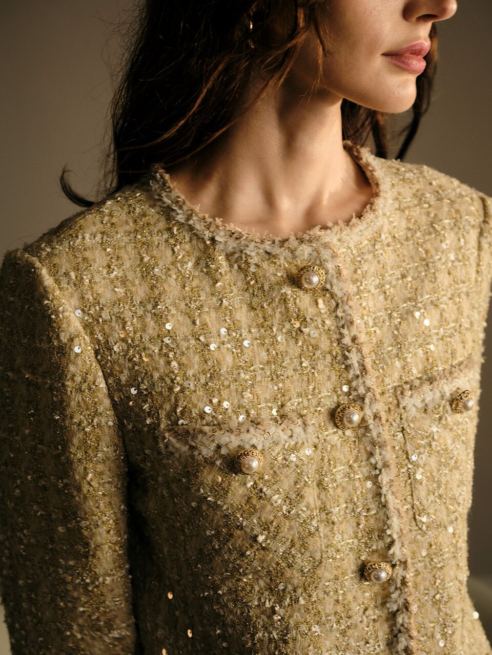 MOTF WOMEN TWEED SEQUINS BUTTON PLACKET BLAZER