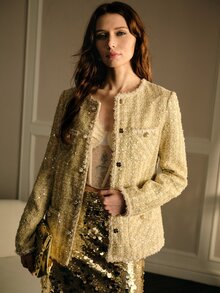 MOTF PREMIUM WOMEN TWEED SEQUINS BUTTON PLACKET BLAZER - Light Yellow - View 7
