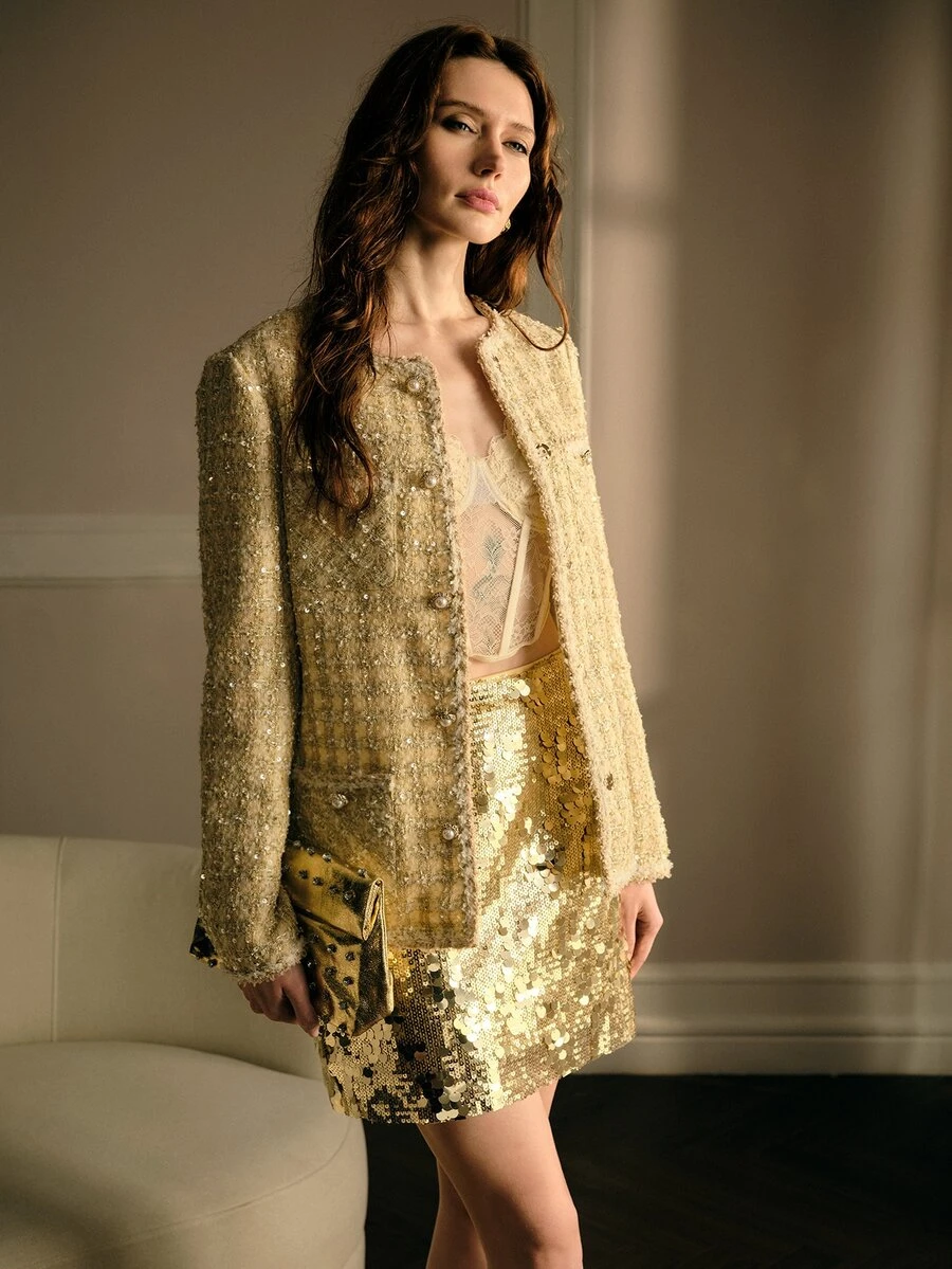 MOTF PREMIUM WOMEN TWEED SEQUINS BUTTON PLACKET BLAZER