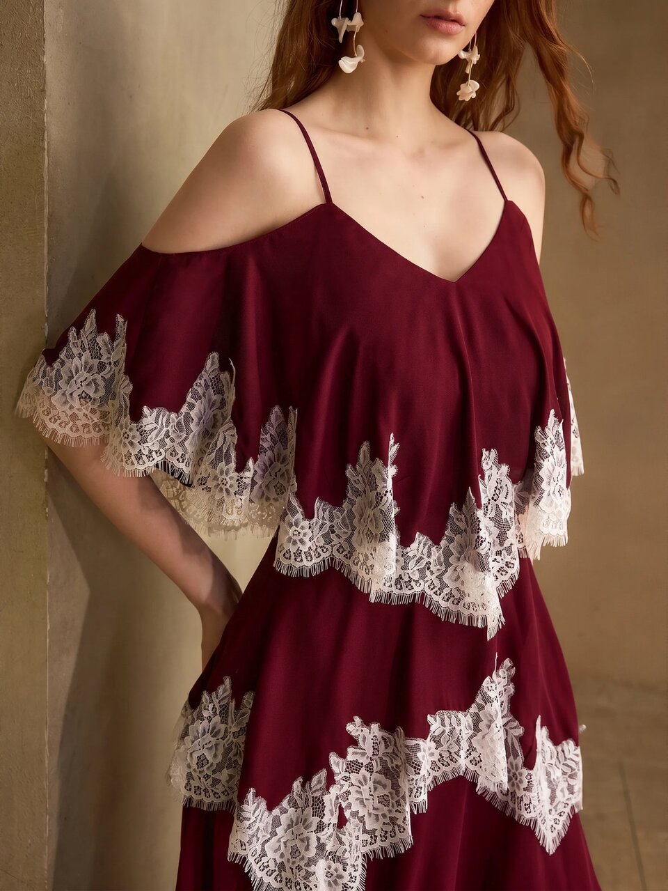 MOTF SPRING/SUMMER ELEGANT ROMANTIC DATE HIGH-END LACE TRIM PATCHWORK ADJUSTABLE SPAGHETTI STRAP ASYMMETRICAL HEM WINE RED VACATION STYLE CAMI MAXI TIERED DRESS