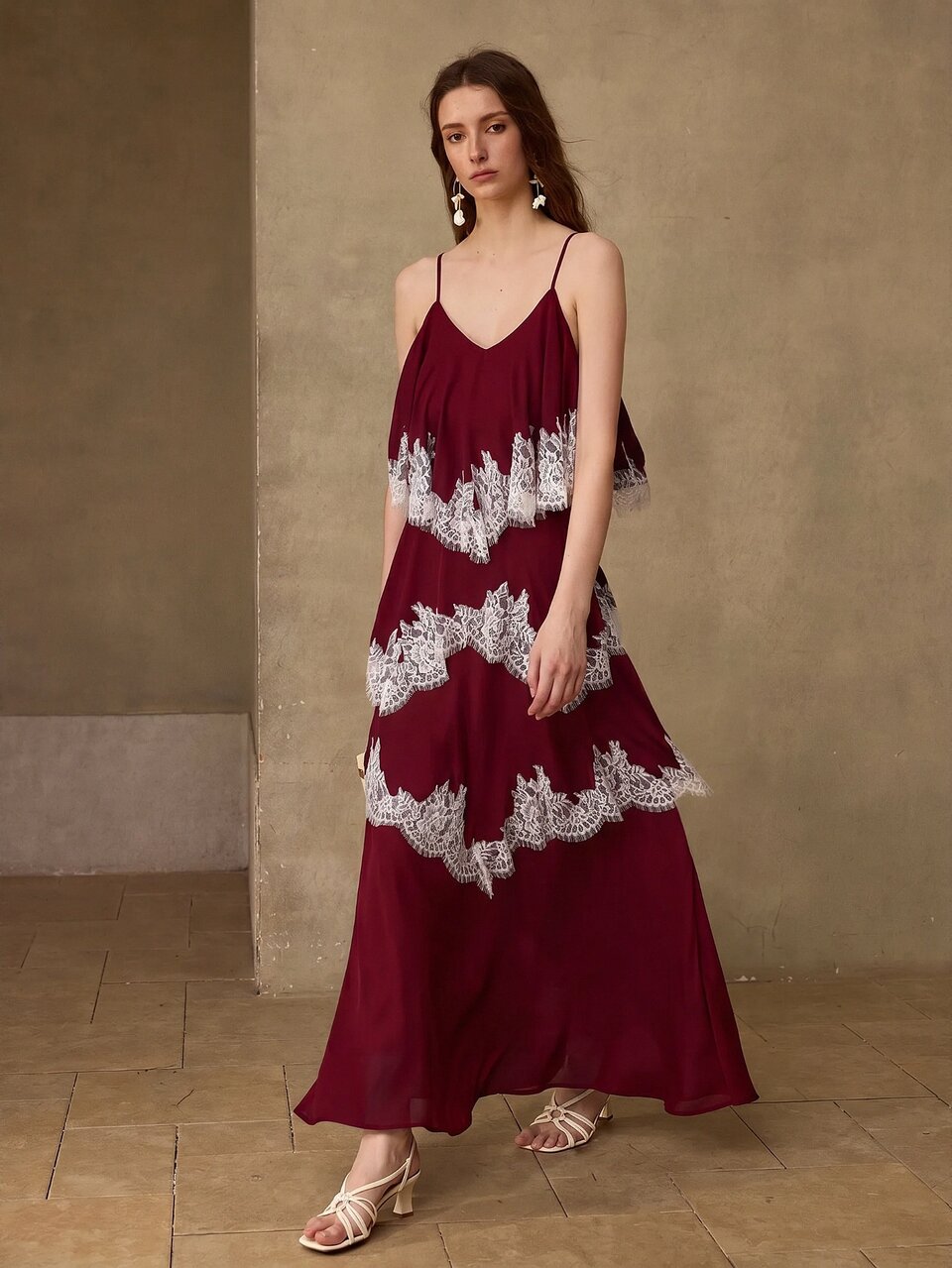 MOTF SPRING/SUMMER ELEGANT ROMANTIC DATE HIGH-END LACE TRIM PATCHWORK ADJUSTABLE SPAGHETTI STRAP ASYMMETRICAL HEM WINE RED VACATION STYLE CAMI MAXI TIERED DRESS