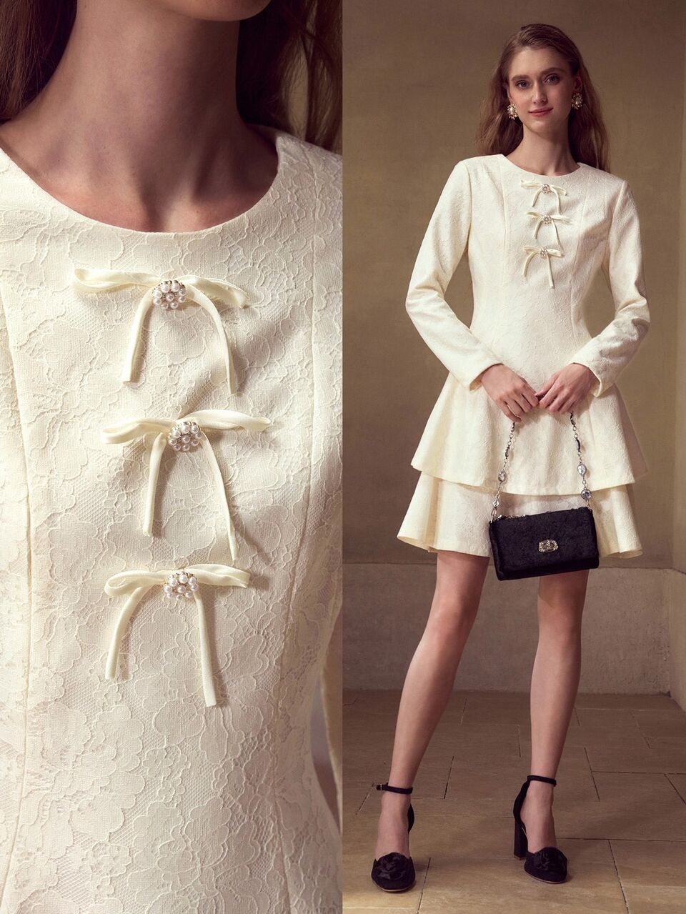 MOTF WOMEN'S LACE BOW DECOR DRESS WEDDING DATE HIGH TEA OFF WHITE AUTUMN ROMANTIC ELEGANT