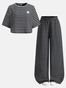 SHEIN Teen Girls Summer New Knit Striped Casual Loose Short Sleeve T-Shirt And Pants Set - Black and White - View 7