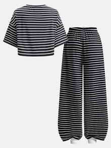 SHEIN Teen Girls Summer New Knit Striped Casual Loose Short Sleeve T-Shirt And Pants Set - Black and White - View 2