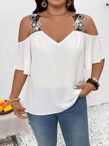 SHEIN Frenchy Plus Size Casual Lace Patchwork Off-Shoulder Blouse - White - View 6