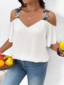 SHEIN Frenchy Plus Size Casual Lace Patchwork Off-Shoulder Blouse - White - View 3