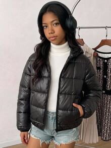 Teen Girl Autumn/Winter Thermal Lined Thick Hooded Quilted Jacket Black Street Style All-Match Versatile Back To School - Black - View 8
