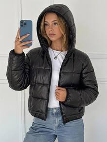Teen Girl Autumn/Winter Thermal Lined Thick Hooded Quilted Jacket Black Street Style All-Match Versatile Back To School - Black - View 7