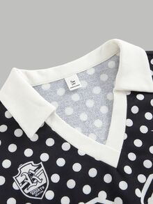 青少年女孩秋冬休閒極簡長袖 Polo 領黑白波點寬鬆加厚運動衫，適合日常通勤與返校穿著 - 黑色 - 查看 5