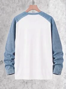 Coolqubz 1pc Men's Teen Streetwear Colorblock Fashion Crew Neck Raglan T-Shirt, Eye-Catching Colorblock Design, Comfortable Fabric, Suitable For Streetwear And Sports Casual Outfits, Spring/Autumn New Style, Suitable For Multiple Seasons - Blue and White - View 2