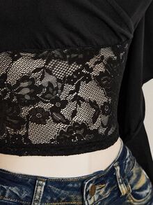 SHEIN ICON 女款夏季優雅蕾絲拼接短版T恤 - 黑色 - 查看 7