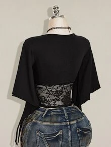 SHEIN ICON 女款夏季優雅蕾絲拼接短版T恤 - 黑色 - 查看 11