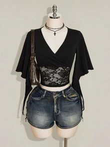 SHEIN ICON 女款夏季優雅蕾絲拼接短版T恤 - 黑色 - 查看 12