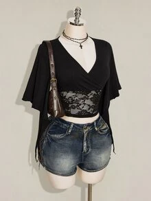 SHEIN ICON 女款夏季優雅蕾絲拼接短版T恤 - 黑色 - 查看 8