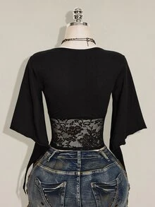 SHEIN ICON 女款夏季優雅蕾絲拼接短版T恤 - 黑色 - 查看 2